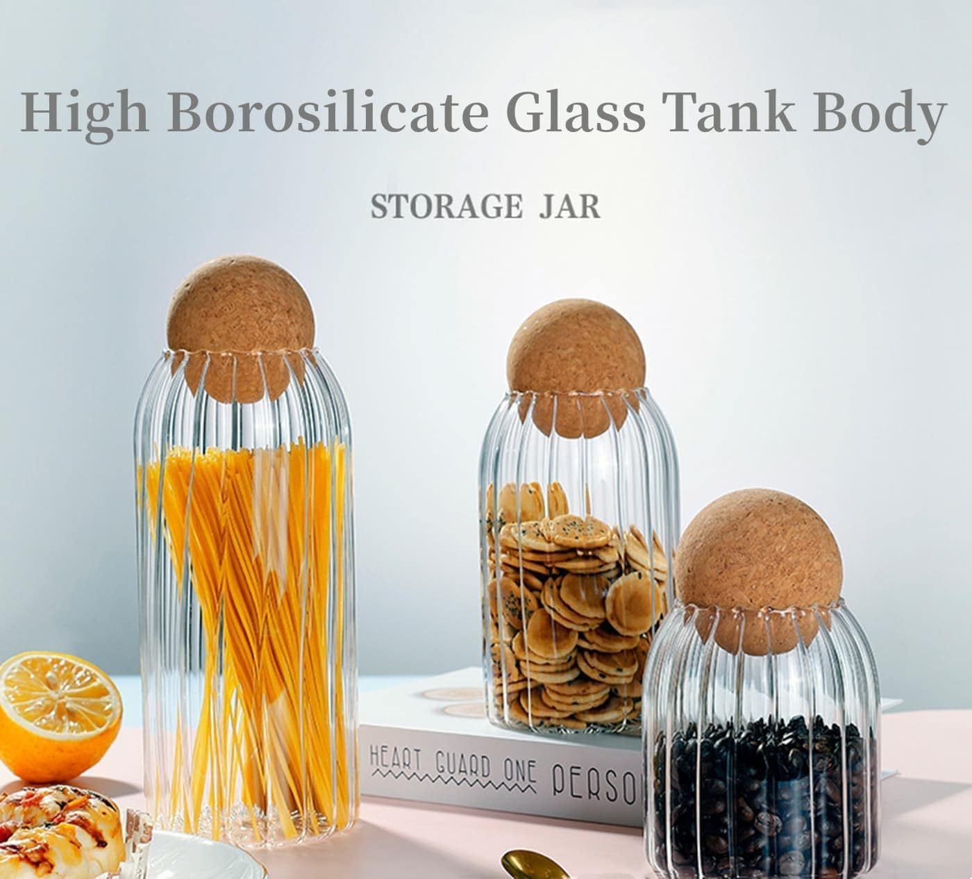 TANSICO Ribbed Glass Jar Set with Cork Lid (500 ml + 800 ml + 1200 ml)