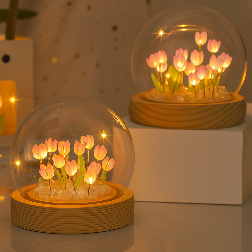 TANSICO Round Tulip Dome Lamp – 3D LED Glass Flower Light with Wooden Base