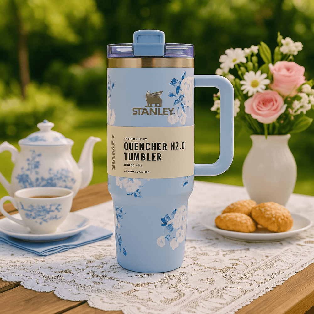 TANSICO 1.18L Stainless Steel Tumbler - White & Blue Floral Pattern