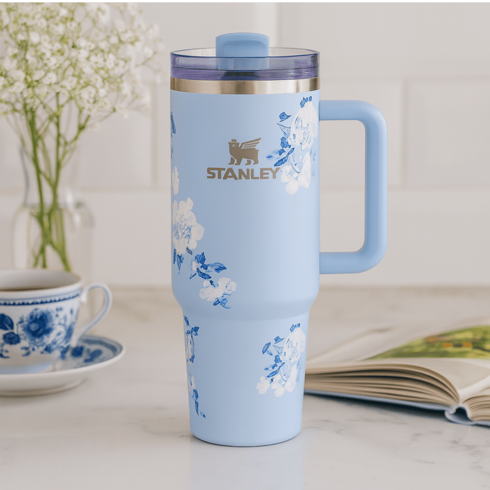 TANSICO 1.18L Stainless Steel Tumbler - White & Blue Floral Pattern