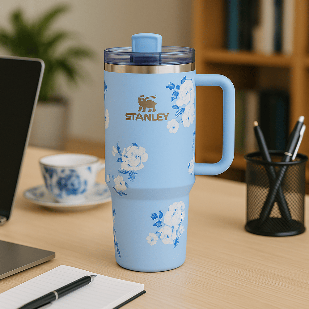 TANSICO 1.18L Stainless Steel Tumbler - White & Blue Floral Pattern
