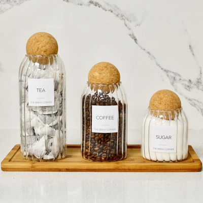 TANSICO Ribbed Glass Jar Set with Cork Lid (500 ml + 800 ml + 1200 ml)