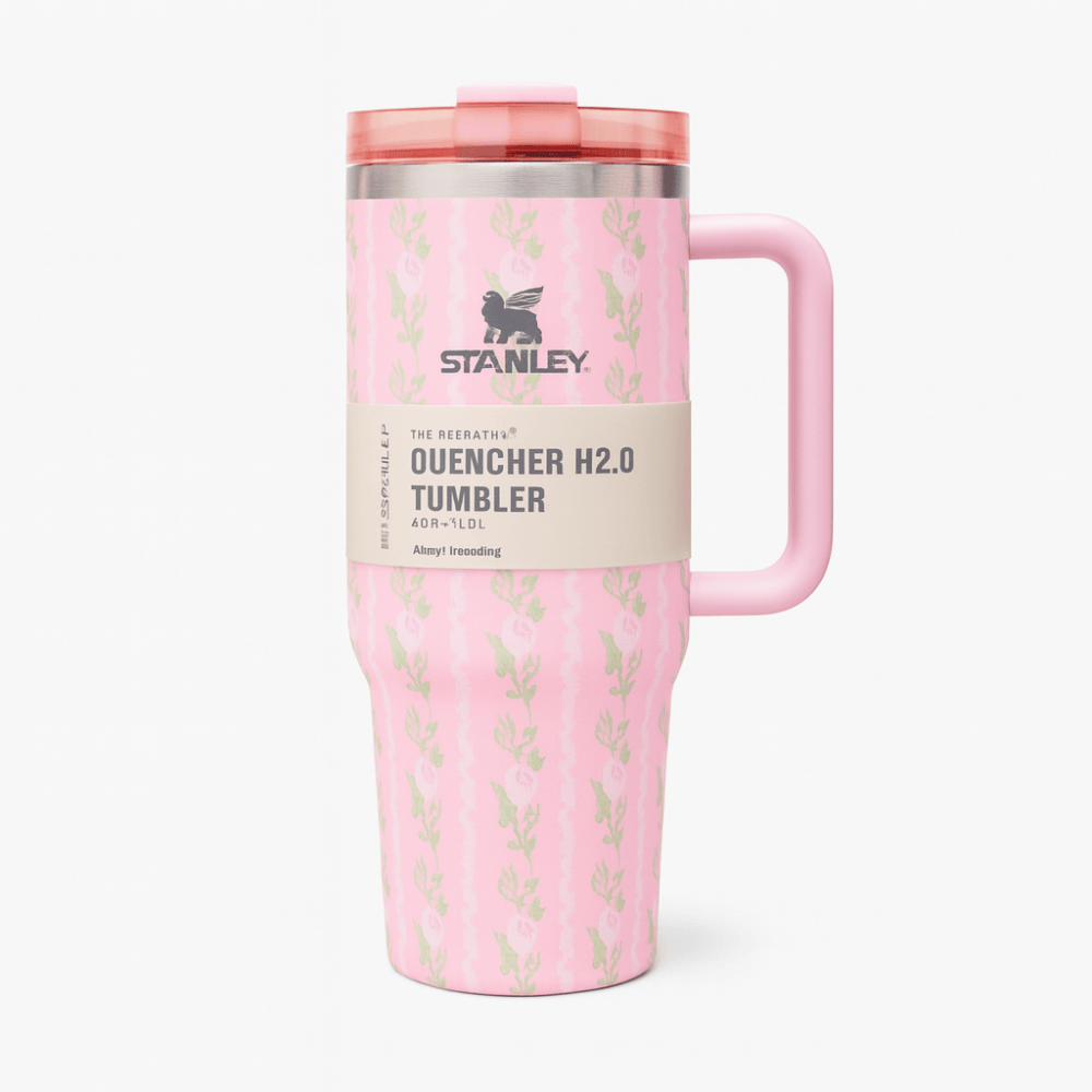 TANSICO 1.18L Stainless Steel Tumbler - Matte Pink with Subtle Floral Vine Pattern