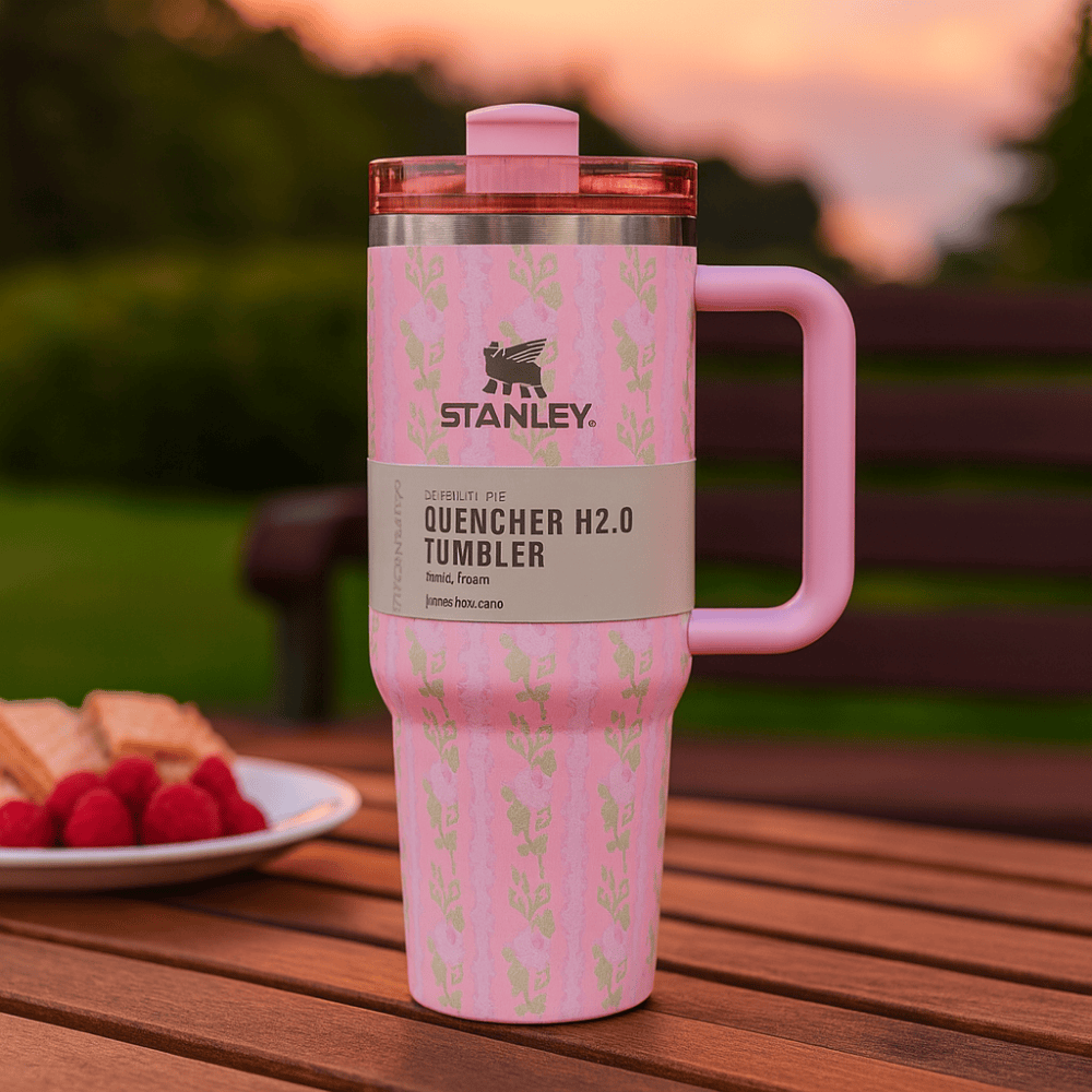 TANSICO 1.18L Stainless Steel Tumbler - Matte Pink with Subtle Floral Vine Pattern