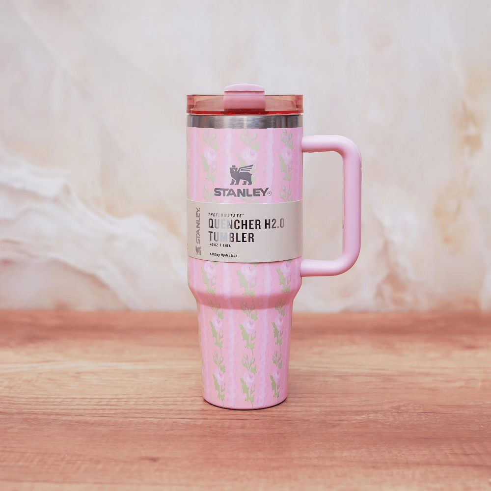 TANSICO 1.18L Stainless Steel Tumbler - Matte Pink with Subtle Floral Vine Pattern
