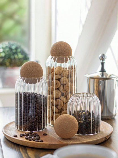 TANSICO Ribbed Glass Jar Set with Cork Lid (500 ml + 800 ml + 1200 ml)