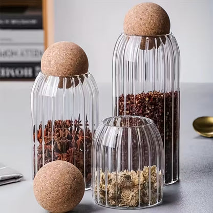 TANSICO Ribbed Glass Jar Set with Cork Lid (500 ml + 800 ml + 1200 ml)