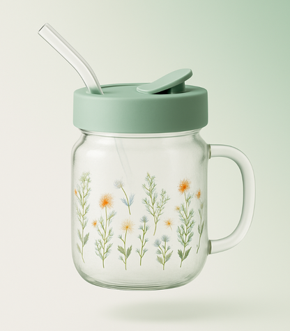 TANSICO Floral Glass Mug 600 ml with Straw & Lid | Eco-Friendly Borosilicate Cup for Juice, Smoothies & Iced Coffee