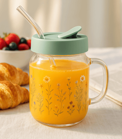 TANSICO Floral Glass Mug 600 ml with Straw & Lid | Eco-Friendly Borosilicate Cup for Juice, Smoothies & Iced Coffee