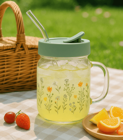 TANSICO Floral Glass Mug 600 ml with Straw & Lid | Eco-Friendly Borosilicate Cup for Juice, Smoothies & Iced Coffee