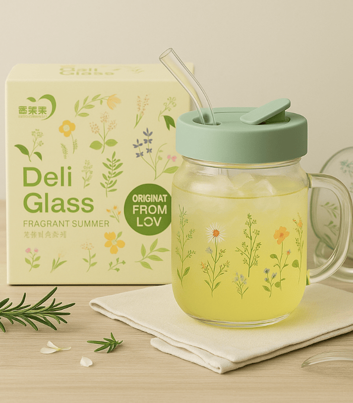 TANSICO Floral Glass Mug 600 ml with Straw & Lid | Eco-Friendly Borosilicate Cup for Juice, Smoothies & Iced Coffee