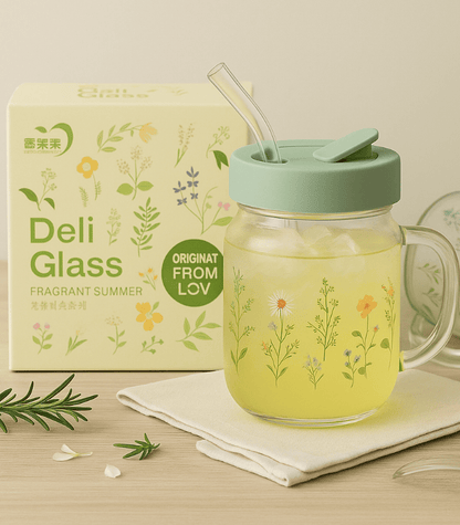 TANSICO Floral Glass Mug 600 ml with Straw & Lid | Eco-Friendly Borosilicate Cup for Juice, Smoothies & Iced Coffee