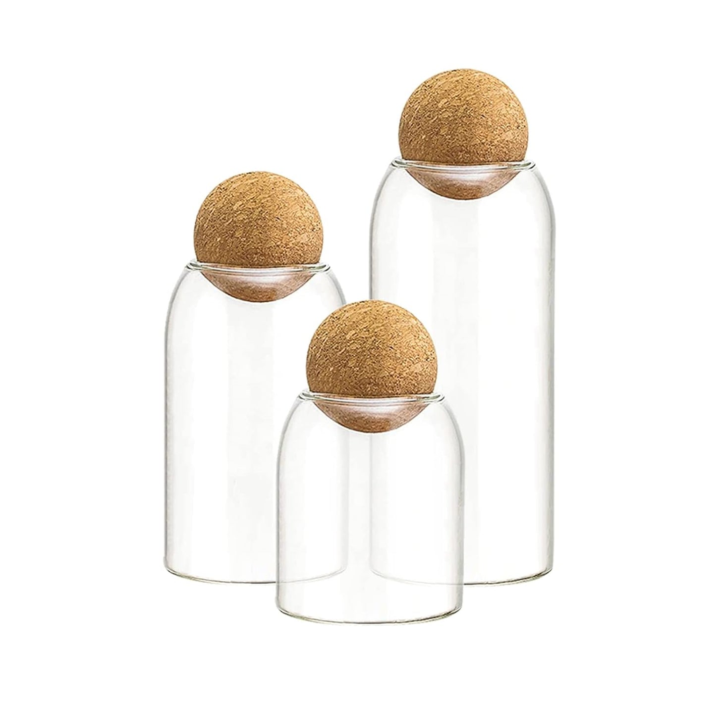 TANSICO Airtight Glass Storage Jar Set with Wooden Ball Lid (500 ml + 800 ml + 1200 ml)