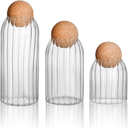 TANSICO Ribbed Glass Jar Set with Cork Lid (500 ml + 800 ml + 1200 ml)