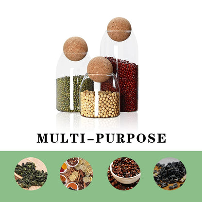 TANSICO Airtight Glass Storage Jar Set with Wooden Ball Lid (500 ml + 800 ml + 1200 ml)