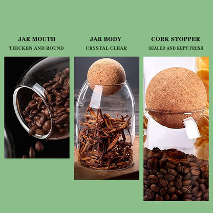 TANSICO Airtight Glass Storage Jar Set with Wooden Ball Lid (500 ml + 800 ml + 1200 ml)