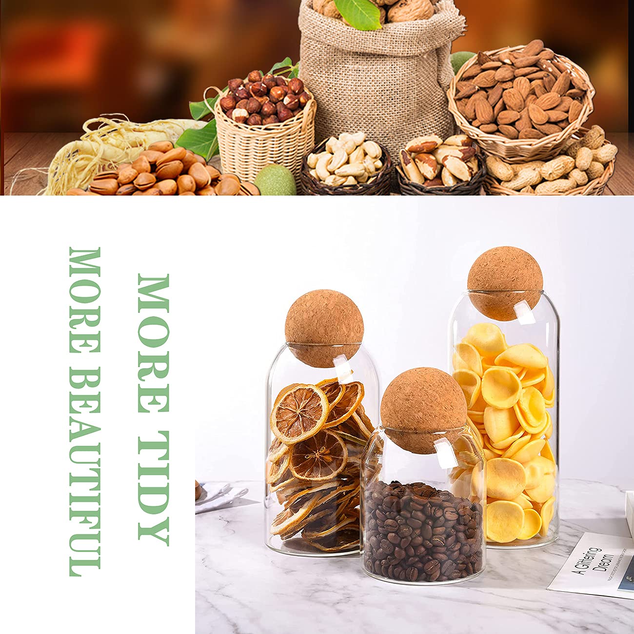 TANSICO Airtight Glass Storage Jar Set with Wooden Ball Lid (500 ml + 800 ml + 1200 ml)