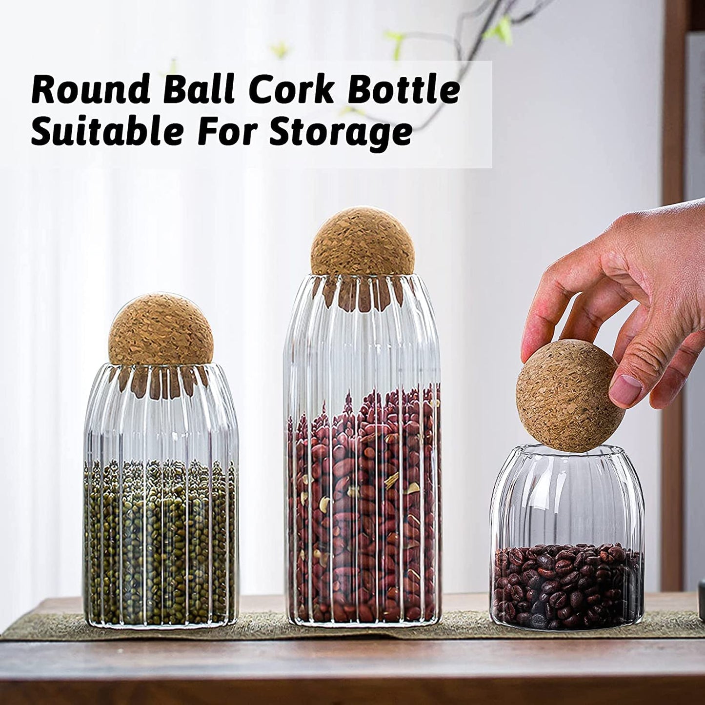 TANSICO Ribbed Glass Jar Set with Cork Lid (500 ml + 800 ml + 1200 ml)