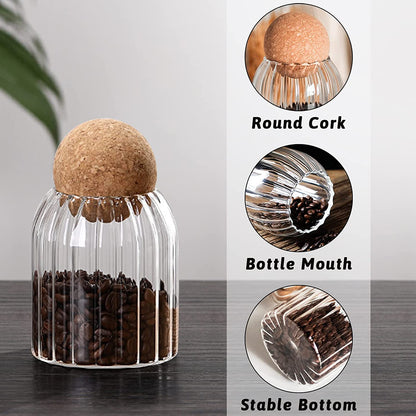 TANSICO Ribbed Glass Jar Set with Cork Lid (500 ml + 800 ml + 1200 ml)