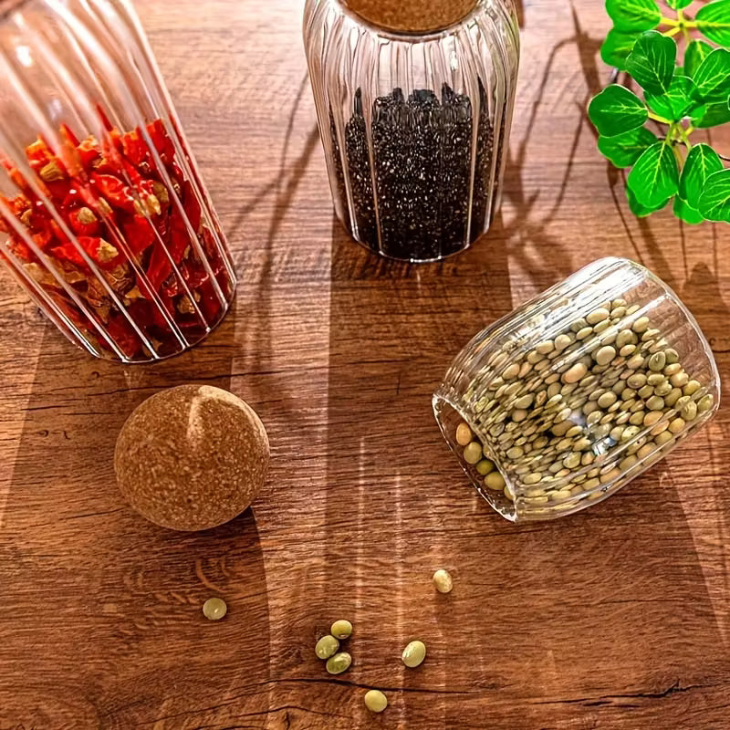 TANSICO Ribbed Glass Jar Set with Cork Lid (500 ml + 800 ml + 1200 ml)