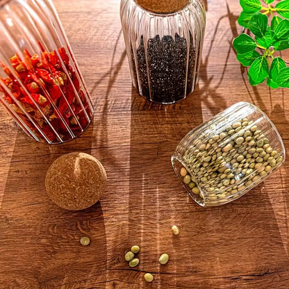 TANSICO Ribbed Glass Jar Set with Cork Lid (500 ml + 800 ml + 1200 ml)