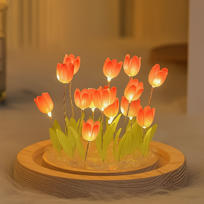 TANSICO Round Tulip Dome Lamp – 3D LED Glass Flower Light with Wooden Base