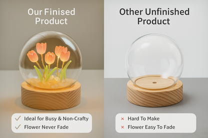 TANSICO Round Tulip Dome Lamp – 3D LED Glass Flower Light with Wooden Base