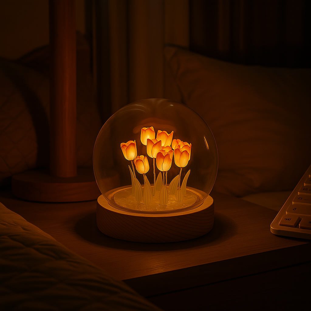 TANSICO Round Tulip Dome Lamp – 3D LED Glass Flower Light with Wooden Base