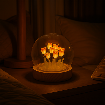 TANSICO Round Tulip Dome Lamp – 3D LED Glass Flower Light with Wooden Base