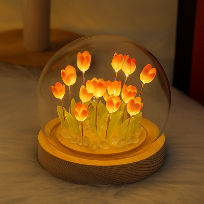 TANSICO Round Tulip Dome Lamp – 3D LED Glass Flower Light with Wooden Base
