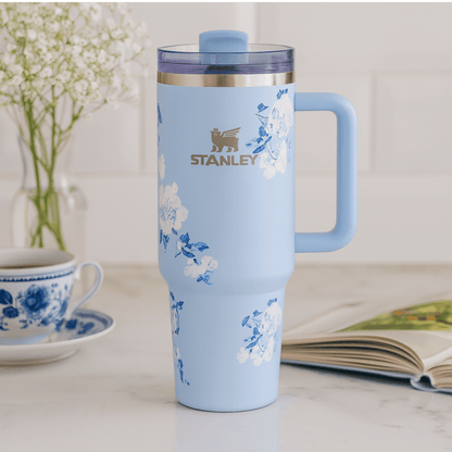 TANSICO 1.18L Stainless Steel Tumbler - White & Blue Floral Pattern