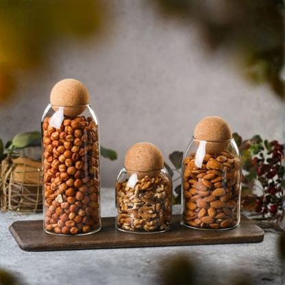 TANSICO Airtight Glass Storage Jar Set with Wooden Ball Lid (500 ml + 800 ml + 1200 ml)