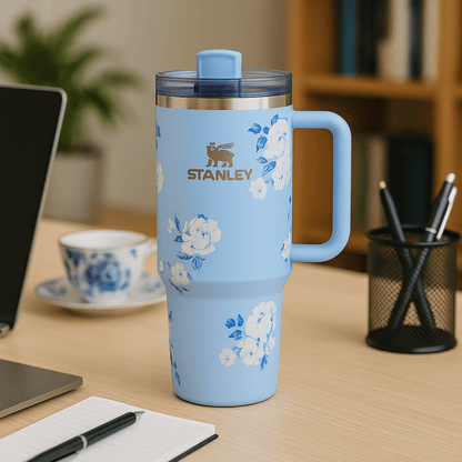 TANSICO 1.18L Stainless Steel Tumbler - White & Blue Floral Pattern
