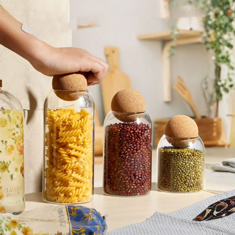 TANSICO Airtight Glass Storage Jar Set with Wooden Ball Lid (500 ml + 800 ml + 1200 ml)