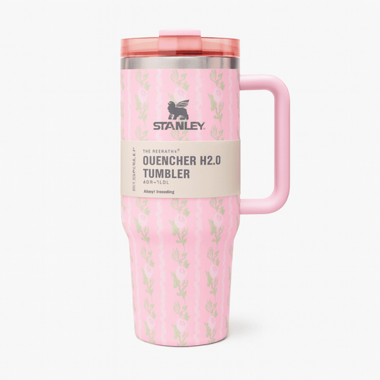 TANSICO 1.18L Stainless Steel Tumbler - Matte Pink with Subtle Floral Vine Pattern