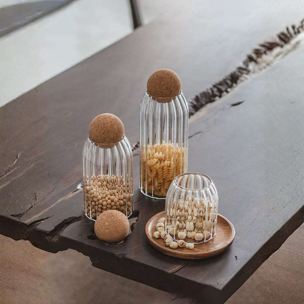 TANSICO Ribbed Glass Jar Set with Cork Lid (500 ml + 800 ml + 1200 ml)