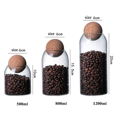 TANSICO Airtight Glass Storage Jar Set with Wooden Ball Lid (500 ml + 800 ml + 1200 ml)