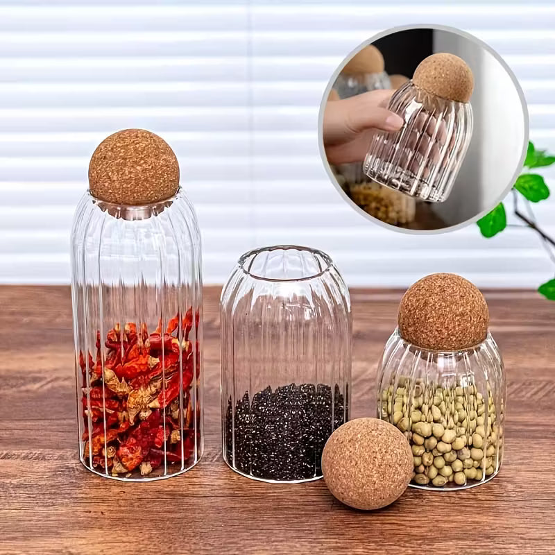 TANSICO Ribbed Glass Jar Set with Cork Lid (500 ml + 800 ml + 1200 ml)