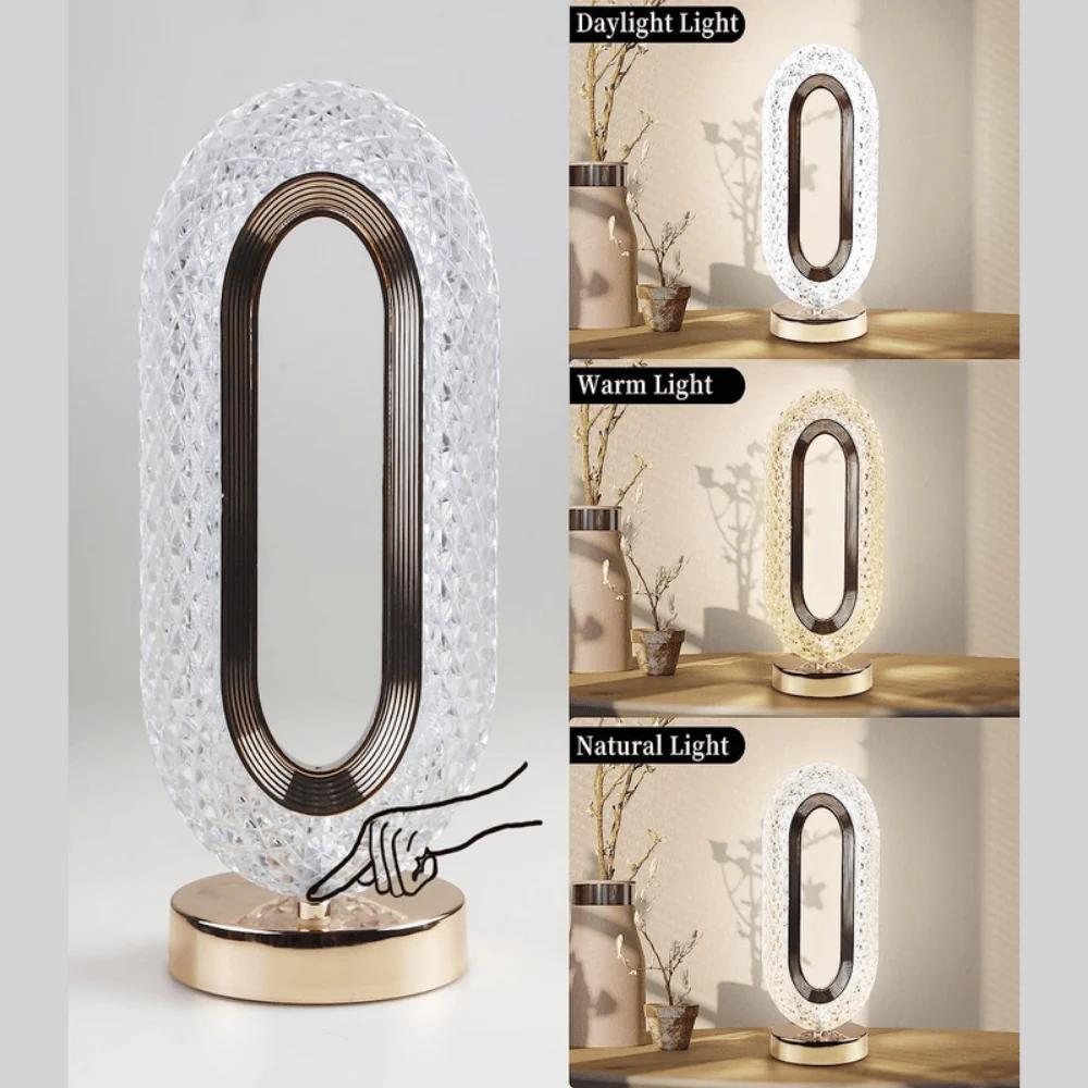 TANSICO Crystal Oval LED Table Lamp — Touch-Sensor, 3 Color Modes, USB-C Rechargeable