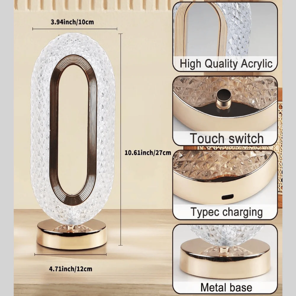 TANSICO Crystal Oval LED Table Lamp — Touch-Sensor, 3 Color Modes, USB-C Rechargeable