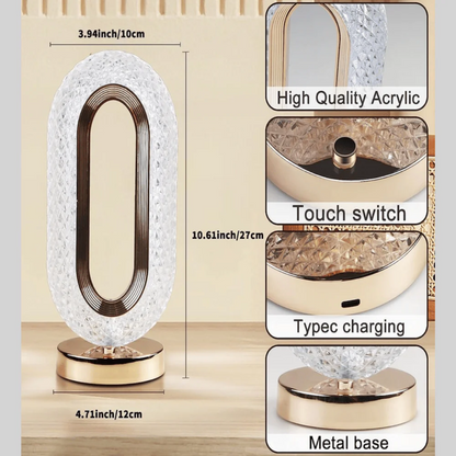 TANSICO Crystal Oval LED Table Lamp — Touch-Sensor, 3 Color Modes, USB-C Rechargeable