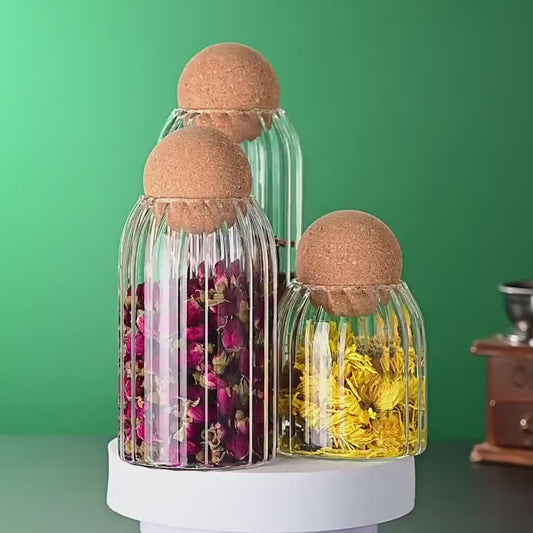 TANSICO Ribbed Glass Jar Set with Cork Lid (500 ml + 800 ml + 1200 ml)